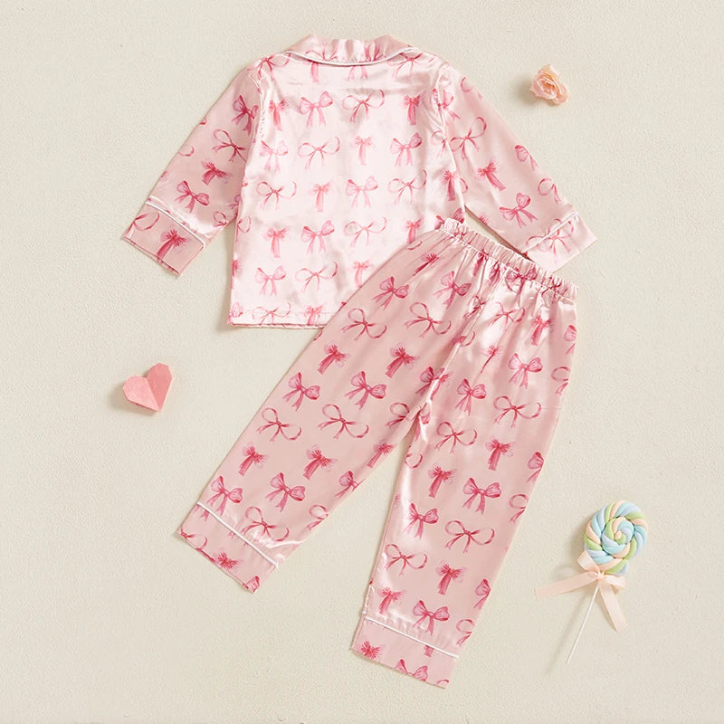 Adorable Baby Girl Silk Pajama Set with Cute Bow Print Stylish Long Sleeve Lapel Button Down Shirt and Matching Pants for Cozy