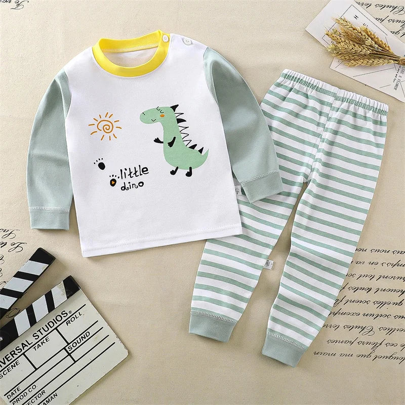Cartoon Print Pajama Suit Tops+Pants 2-piece Set Underwear Kids Boys Girls Baby Cotton Sleepwear Spring Autumn Clothes 1-6 Year