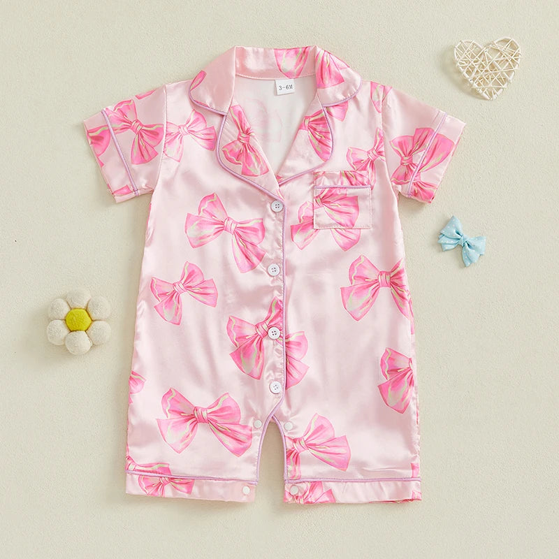 Adorable Infant Princess Bow Satin Pajama Set with Short Sleeves Button-up Shorts and Jumpsuit for Sweet Toddler Bedtime