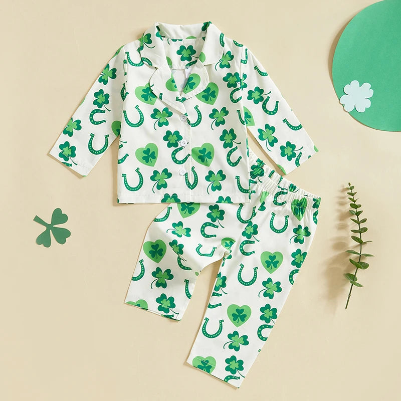 Infant Irish Pajama Set with Long Sleeve Button-up Tops and Pants for Toddlers - 2 Piece Sleepwear Outfit for Babies