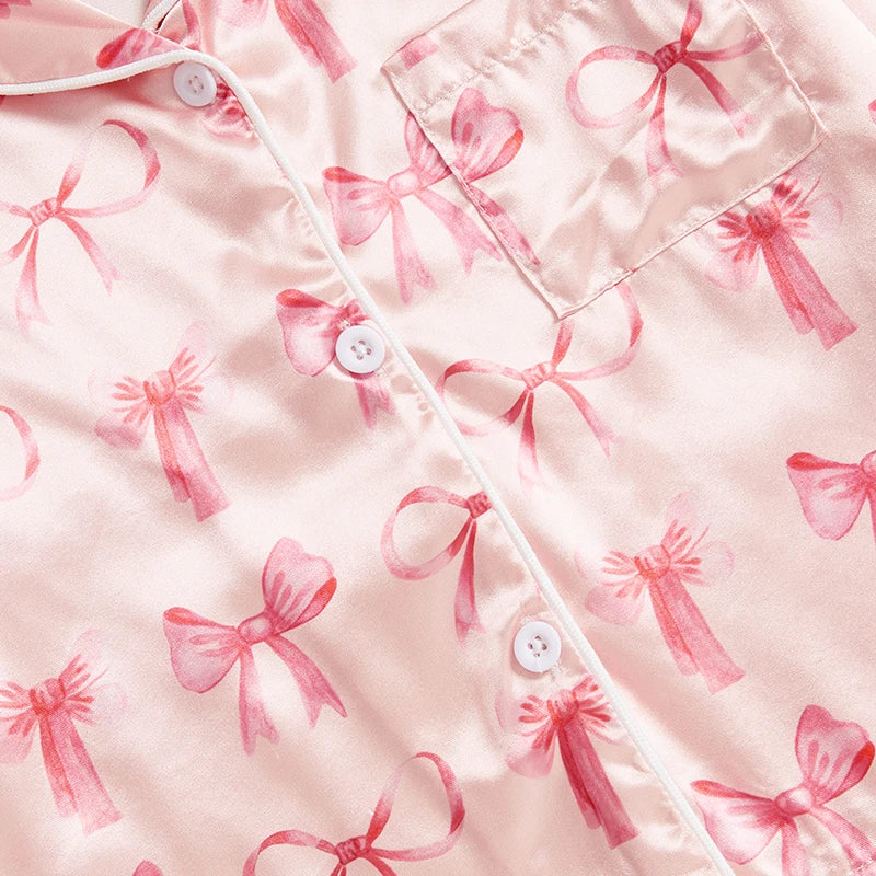 Adorable Baby Girl Silk Pajama Set with Cute Bow Print Stylish Long Sleeve Lapel Button Down Shirt and Matching Pants for Cozy