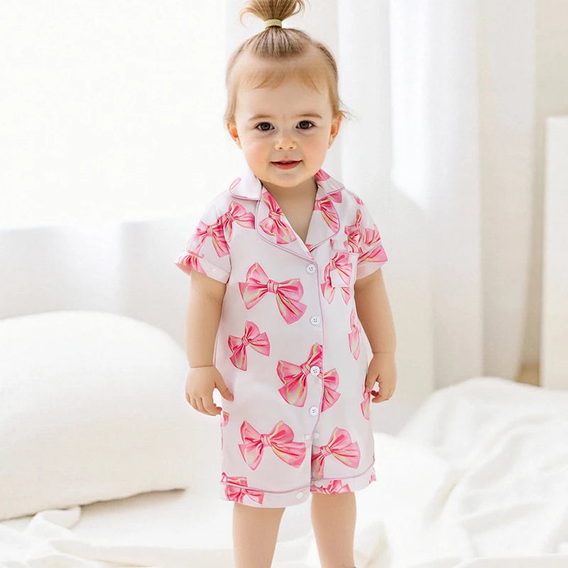 Adorable Infant Princess Bow Satin Pajama Set with Short Sleeves Button-up Shorts and Jumpsuit for Sweet Toddler Bedtime