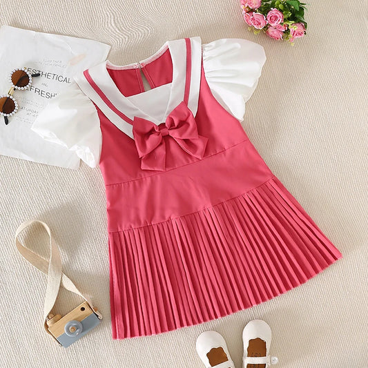 Youthful Girl s Summer Dress with Short Puff Sleeves V-Neckline and Bow Detail in A-Line Silhouette Featuring Contrast Colors