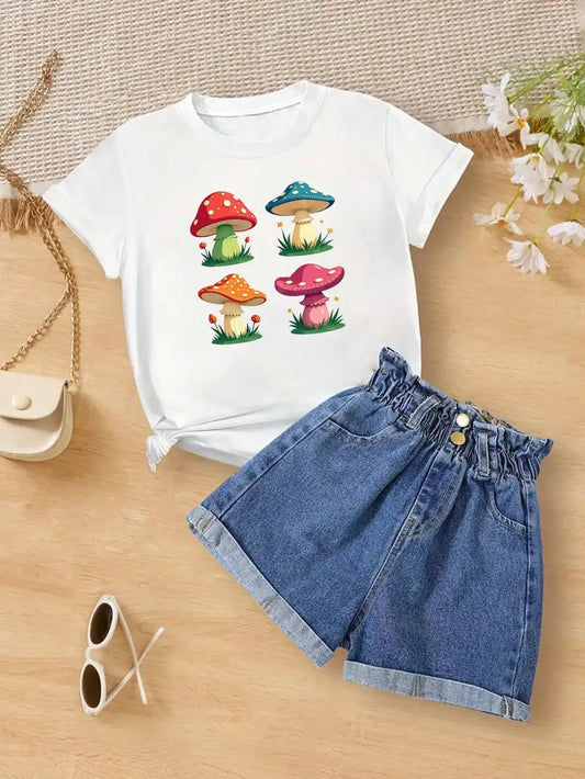 Tween Girls Cotton T-Shirt, White Tee With Colorful Mushrooms, Comfy & Cute Summer Tops
