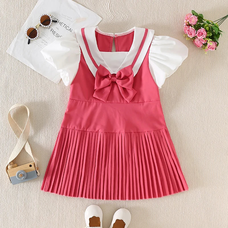 Youthful Girl s Summer Dress with Short Puff Sleeves V-Neckline and Bow Detail in A-Line Silhouette Featuring Contrast Colors