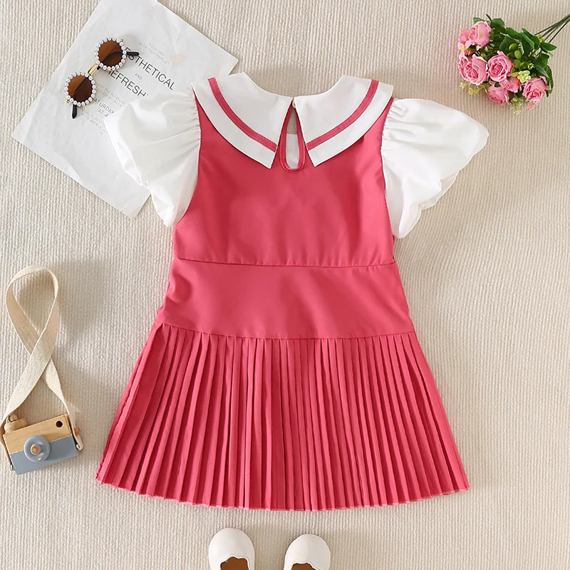 Youthful Girl s Summer Dress with Short Puff Sleeves V-Neckline and Bow Detail in A-Line Silhouette Featuring Contrast Colors