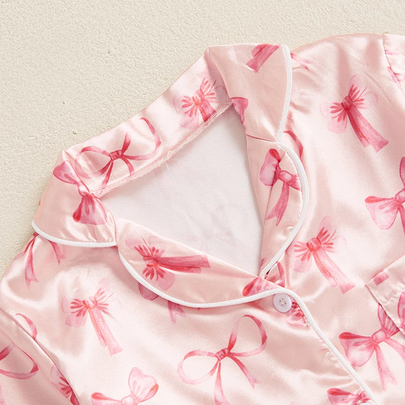 Adorable Baby Girl Silk Pajama Set with Cute Bow Print Stylish Long Sleeve Lapel Button Down Shirt and Matching Pants for Cozy