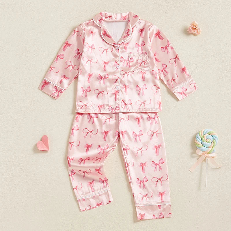 Adorable Baby Girl Silk Pajama Set with Cute Bow Print Stylish Long Sleeve Lapel Button Down Shirt and Matching Pants for Cozy