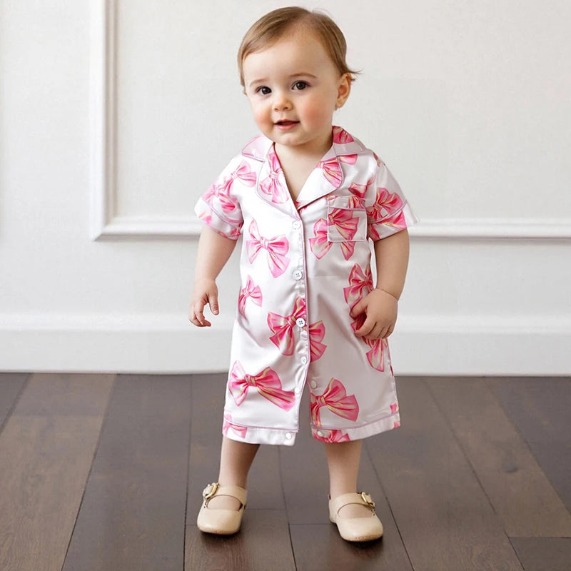 Adorable Infant Princess Bow Satin Pajama Set with Short Sleeves Button-up Shorts and Jumpsuit for Sweet Toddler Bedtime