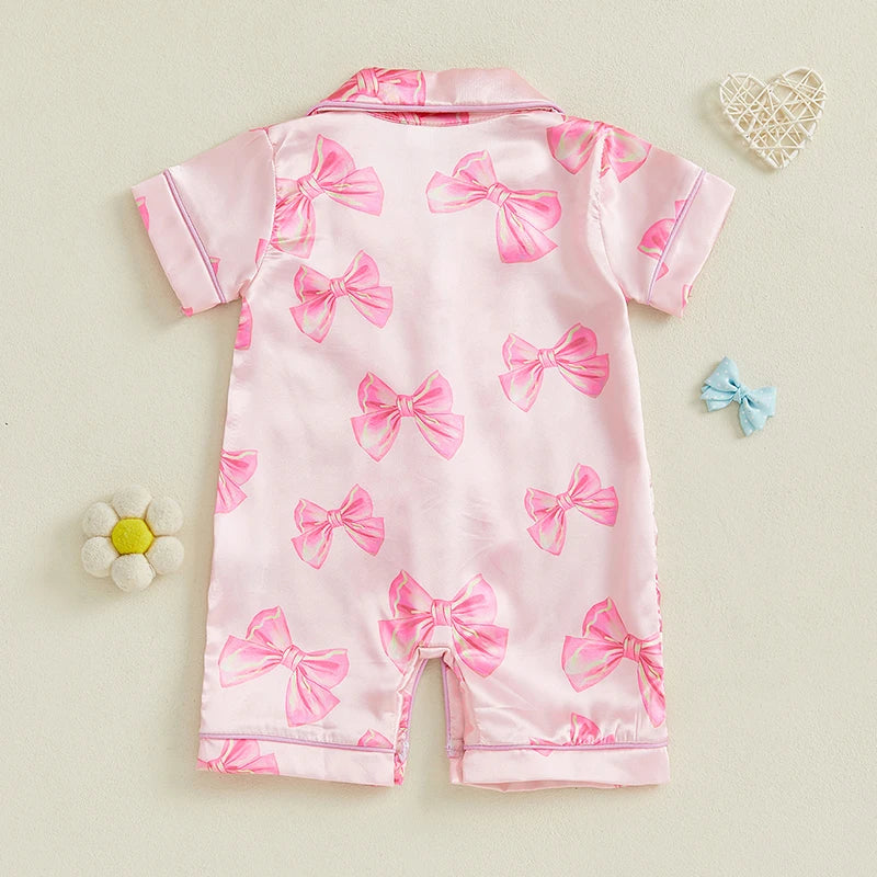 Adorable Infant Princess Bow Satin Pajama Set with Short Sleeves Button-up Shorts and Jumpsuit for Sweet Toddler Bedtime