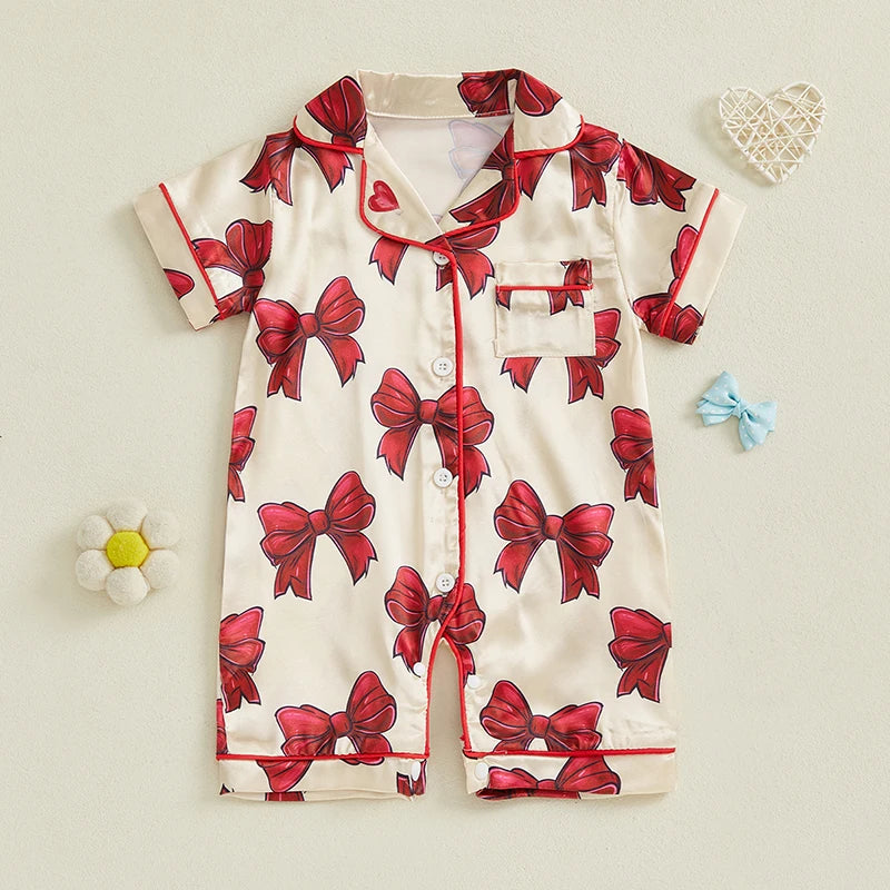 Adorable Infant Princess Bow Satin Pajama Set with Short Sleeves Button-up Shorts and Jumpsuit for Sweet Toddler Bedtime